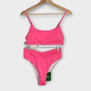 Halara Ribbed Bikini LARGE Bright Pink NEW